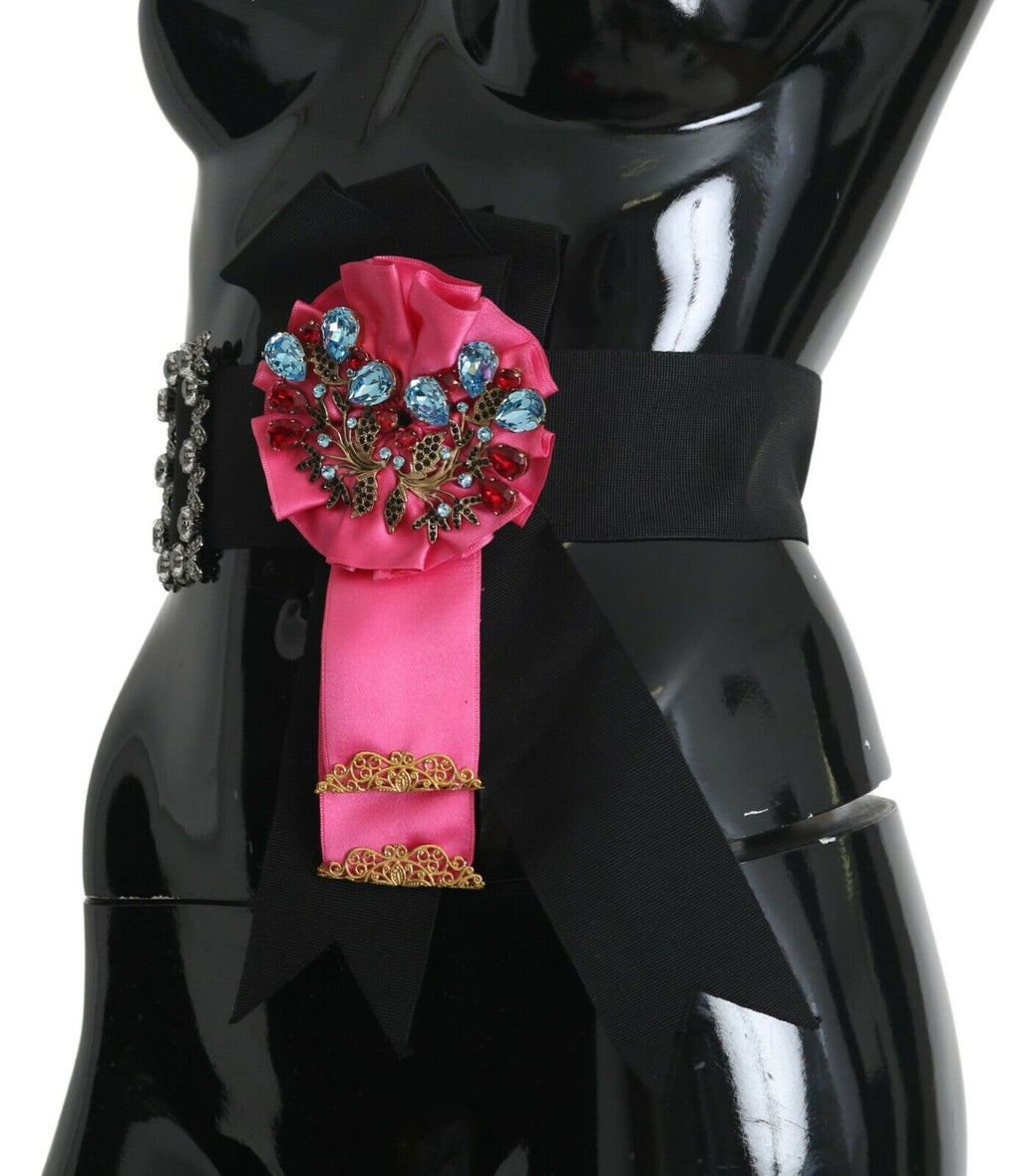 Schwarze Pinke Blumenbrosche Kristalle Baumwollgürtel