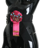 Schwarze Pinke Blumenbrosche Kristalle Baumwollgürtel