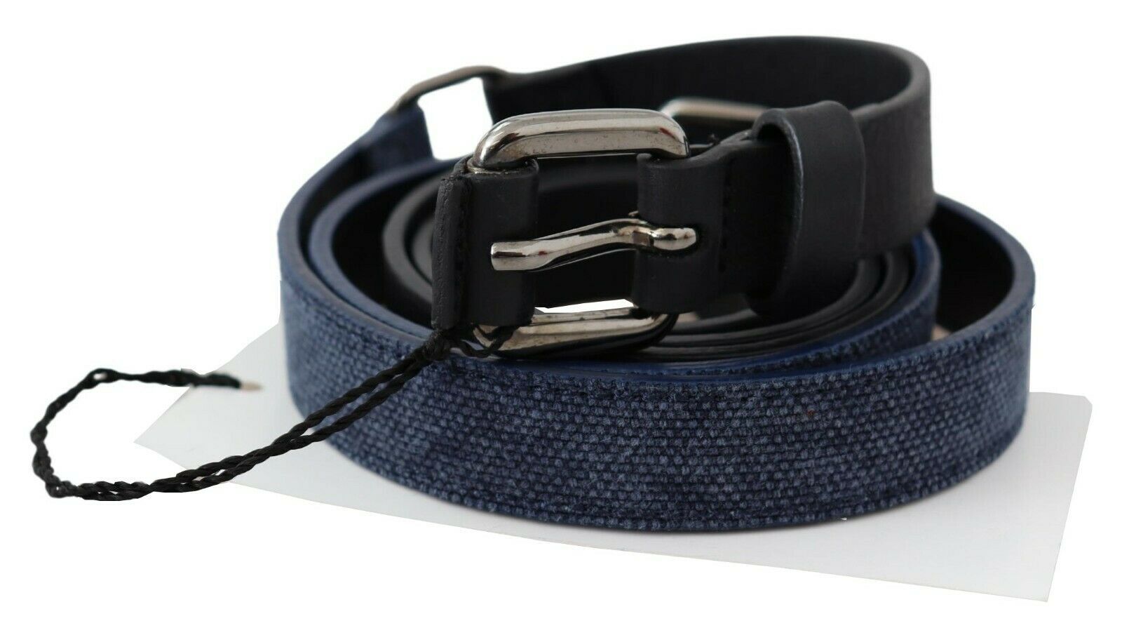 Schwarzer blauer Ledergürtel mit silbernem Logo