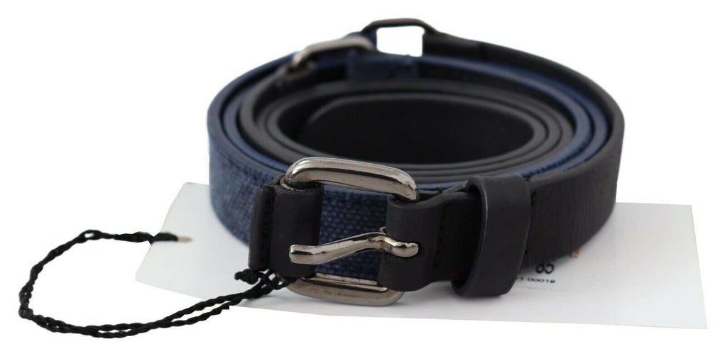 Schwarzer blauer Ledergürtel mit silbernem Logo
