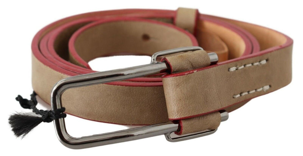 Beige Leder Silbernes Logo Schnalle Gürtel