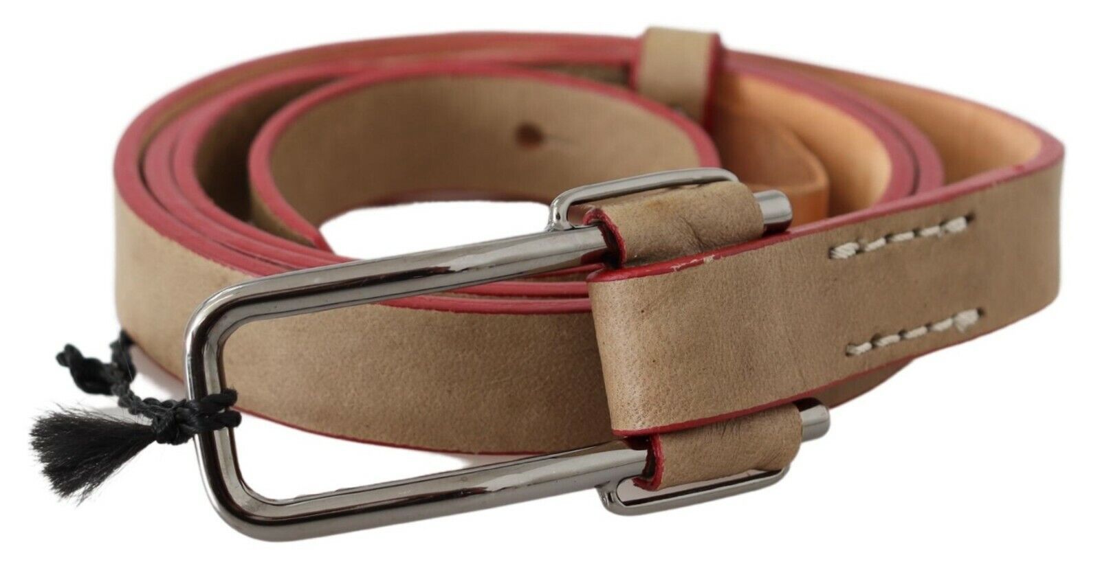 Beige Leder Silbernes Logo Schnalle Gürtel