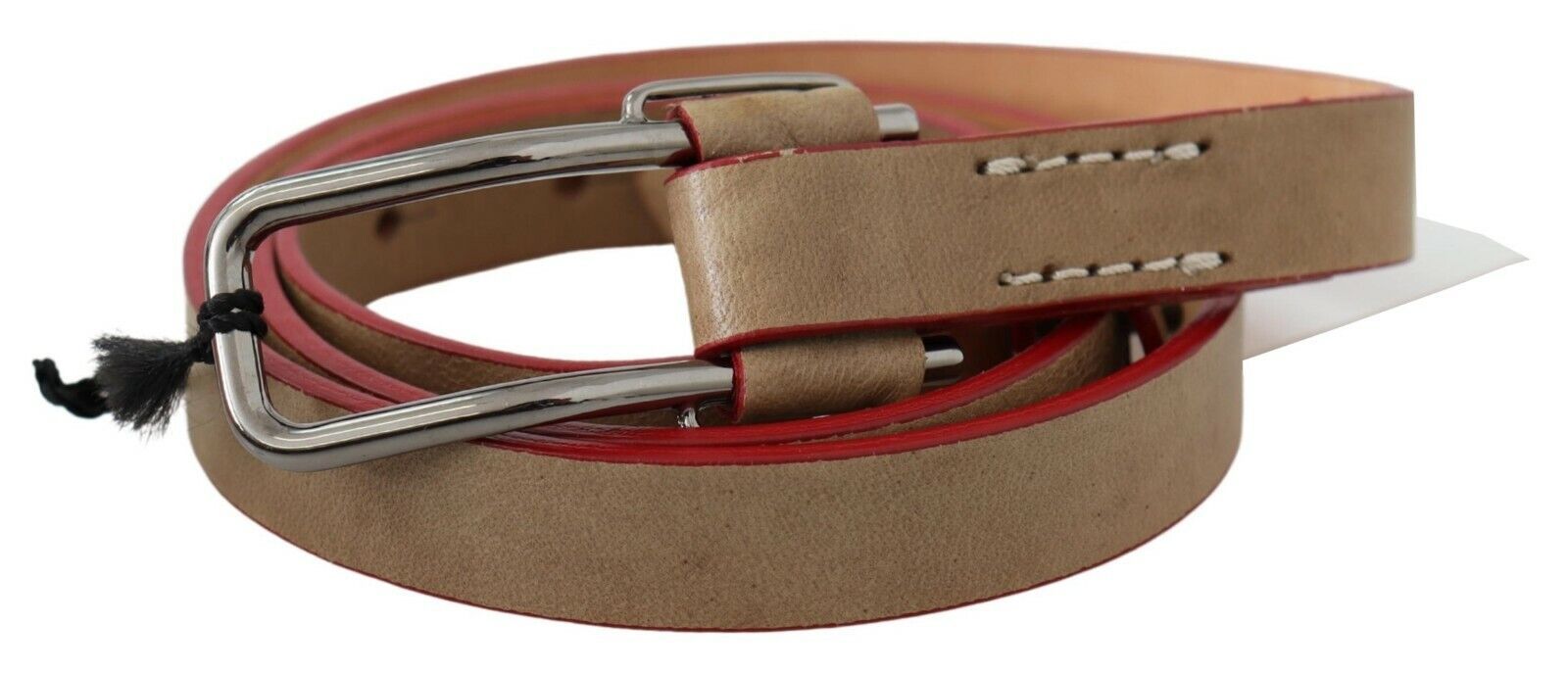 Beige Leder Silbernes Logo Schnalle Gürtel