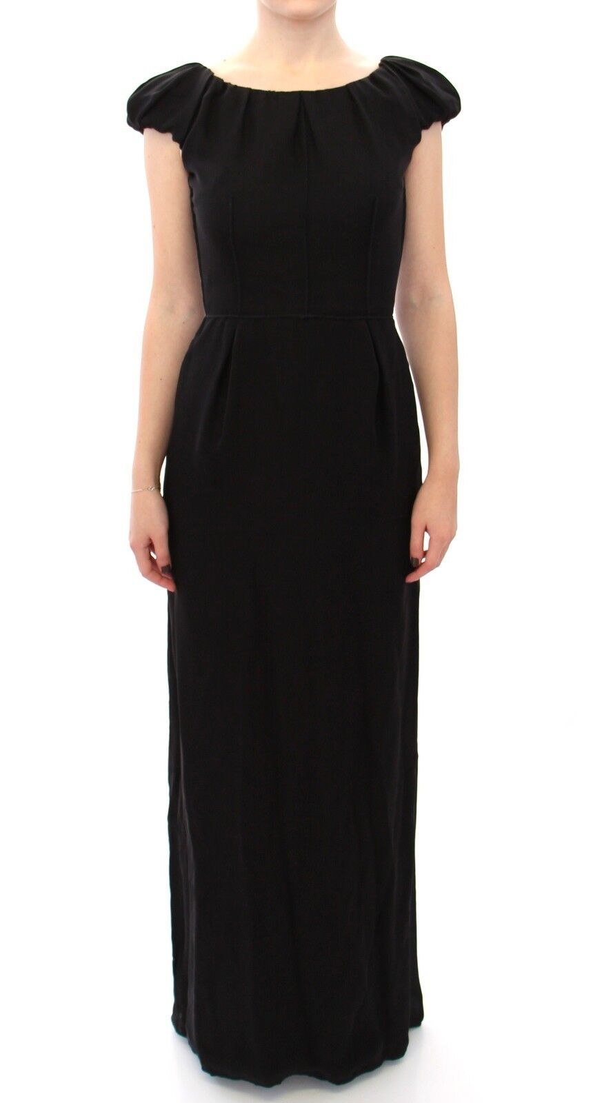 Schwarzes, kurzärmeliges Maxi-Abendkleid aus Seide