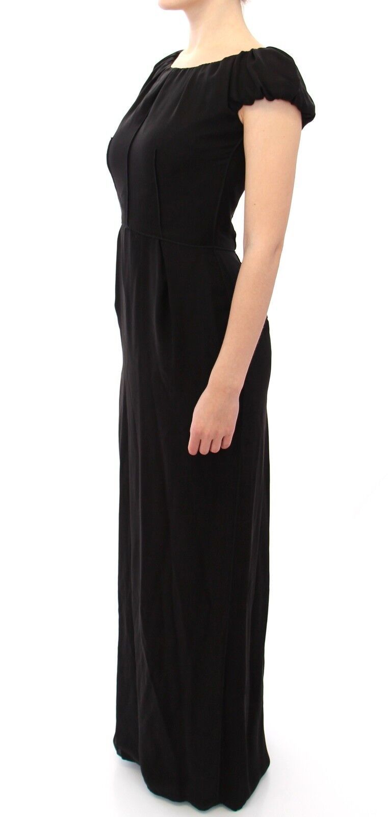 Schwarzes, kurzärmeliges Maxi-Abendkleid aus Seide
