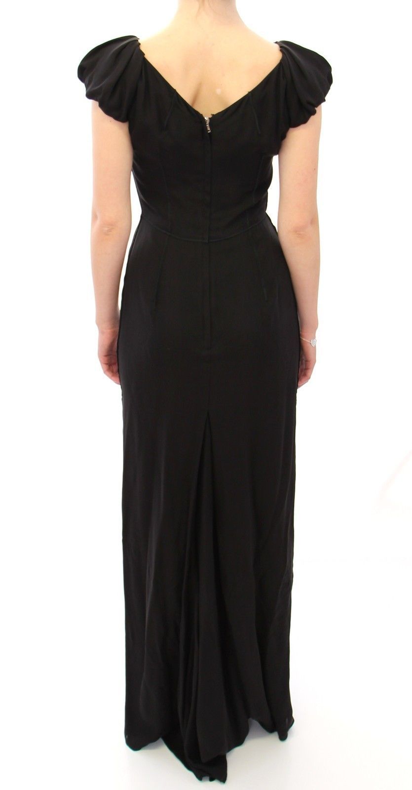 Schwarzes, kurzärmeliges Maxi-Abendkleid aus Seide