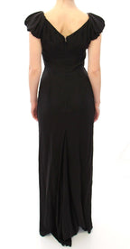 Schwarzes, kurzärmeliges Maxi-Abendkleid aus Seide