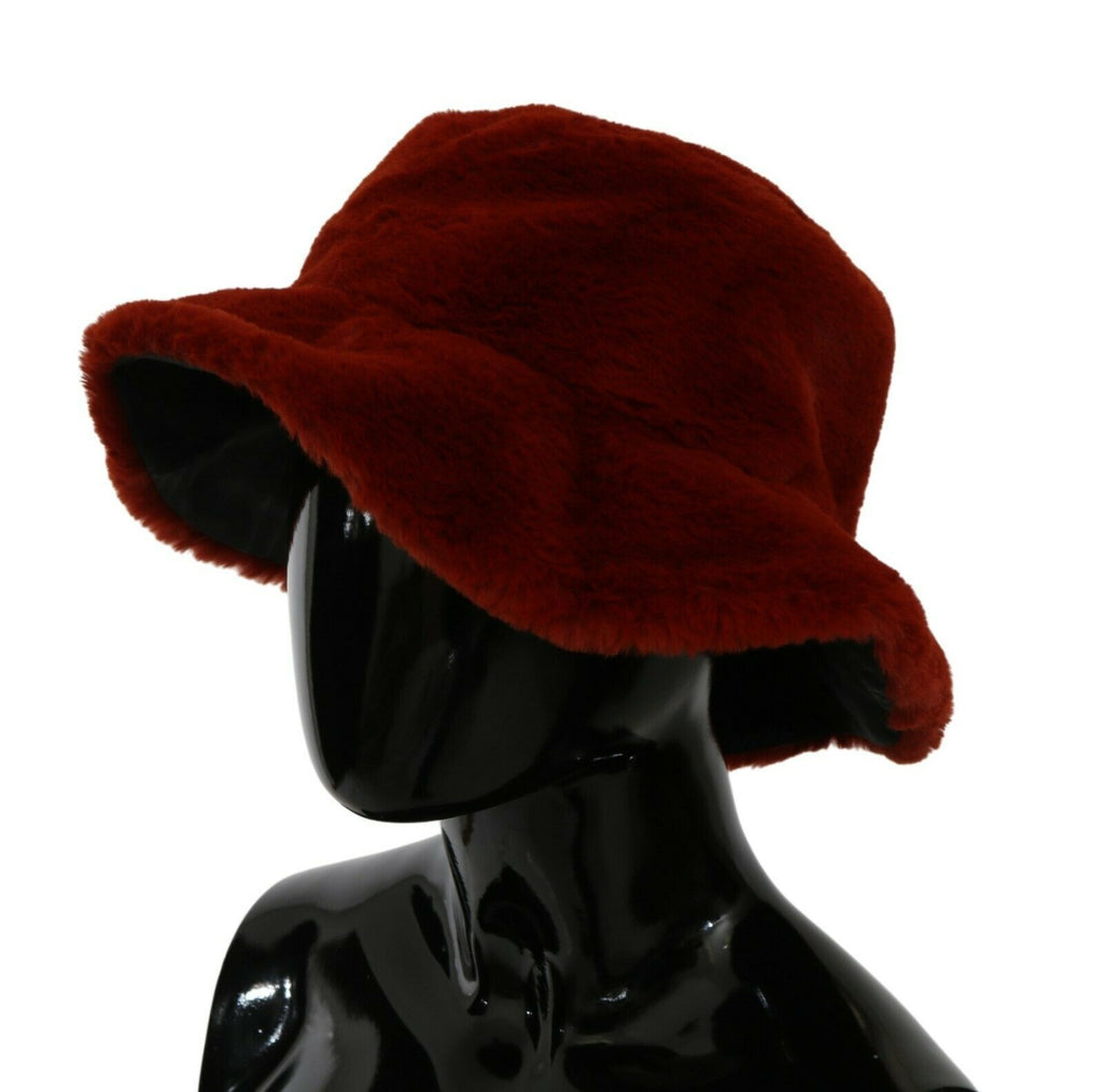 Roter Bordeaux-Pelz-Breitkrempen-Bucket-Hat