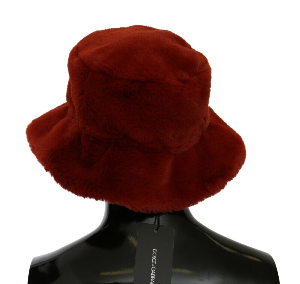 Roter Bordeaux-Pelz-Breitkrempen-Bucket-Hat