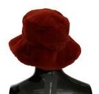 Roter Bordeaux-Pelz-Breitkrempen-Bucket-Hat