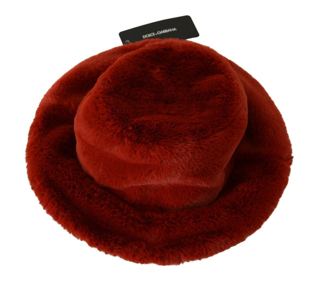 Roter Bordeaux-Pelz-Breitkrempen-Bucket-Hat