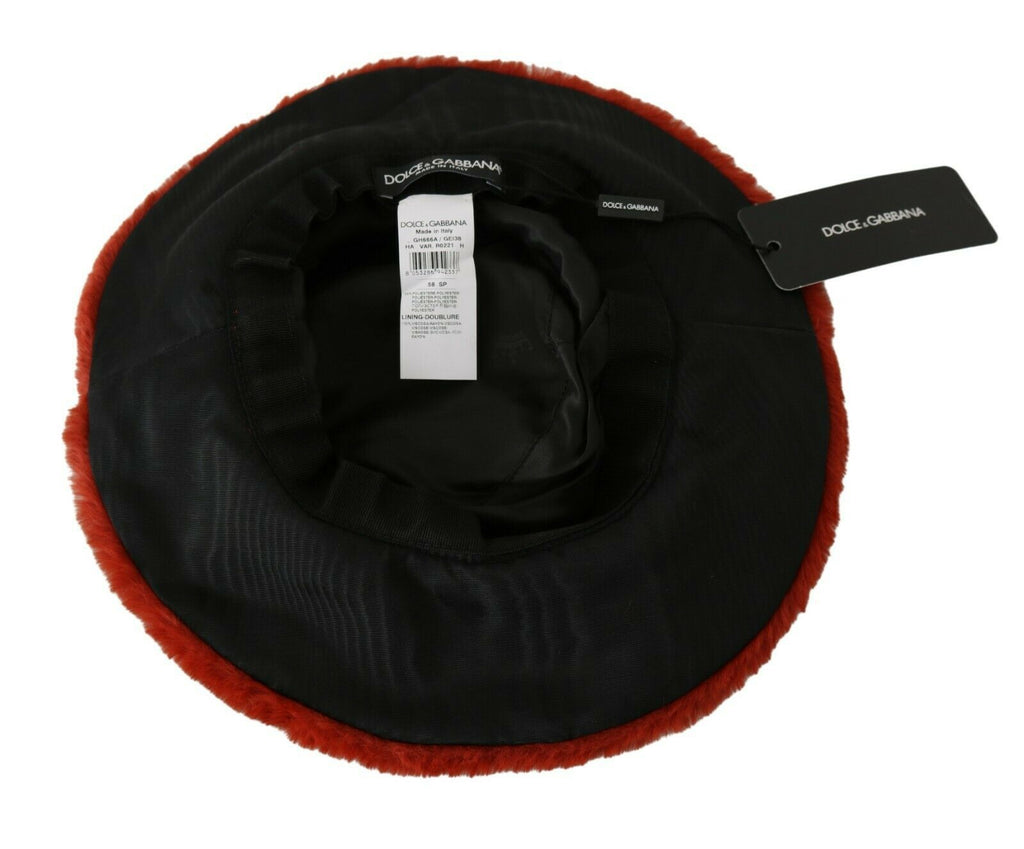Roter Bordeaux-Pelz-Breitkrempen-Bucket-Hat