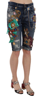 Blue Denim Mid Waist Crystal Capri Shorts