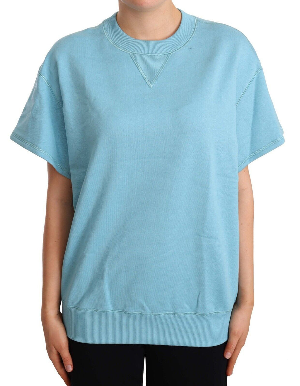 Blaues Baumwoll-T-Shirt mit Rundhalsausschnitt und kurzen Ärmeln