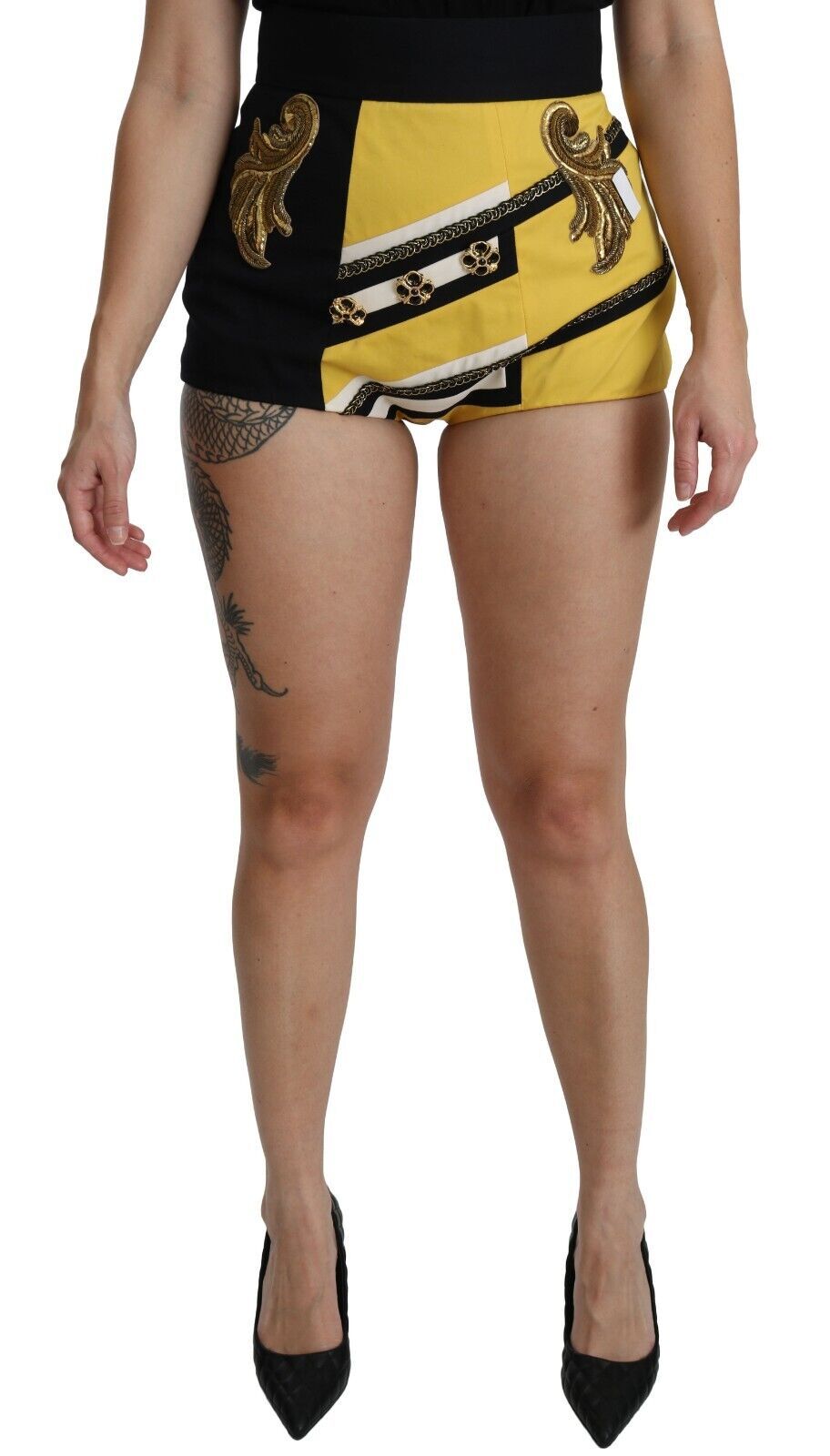 Gelbe, schwarze Baumwoll-Hotpants mit Schmucksteinen