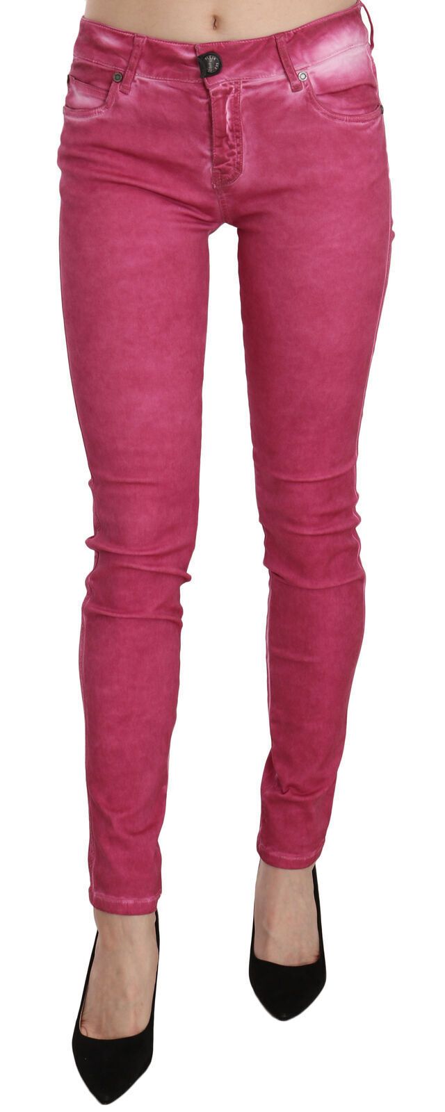 Pinke Samt-Mid-Waist-Röhrenhose