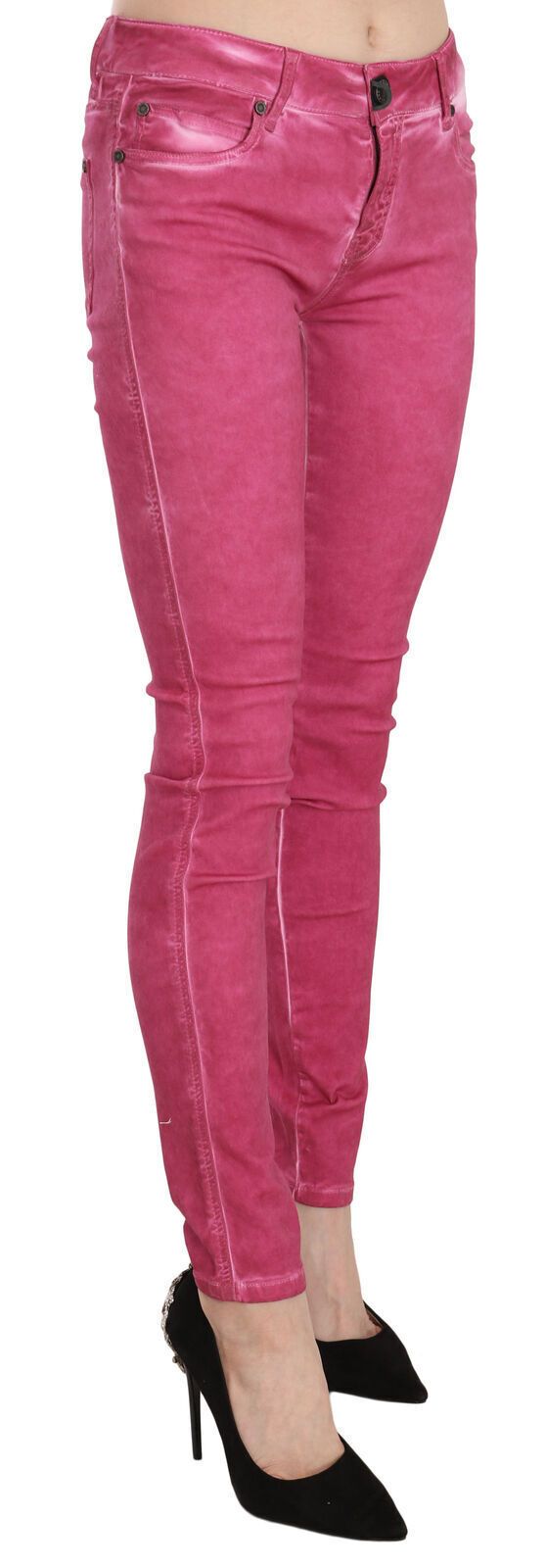 Pinke Samt-Mid-Waist-Röhrenhose