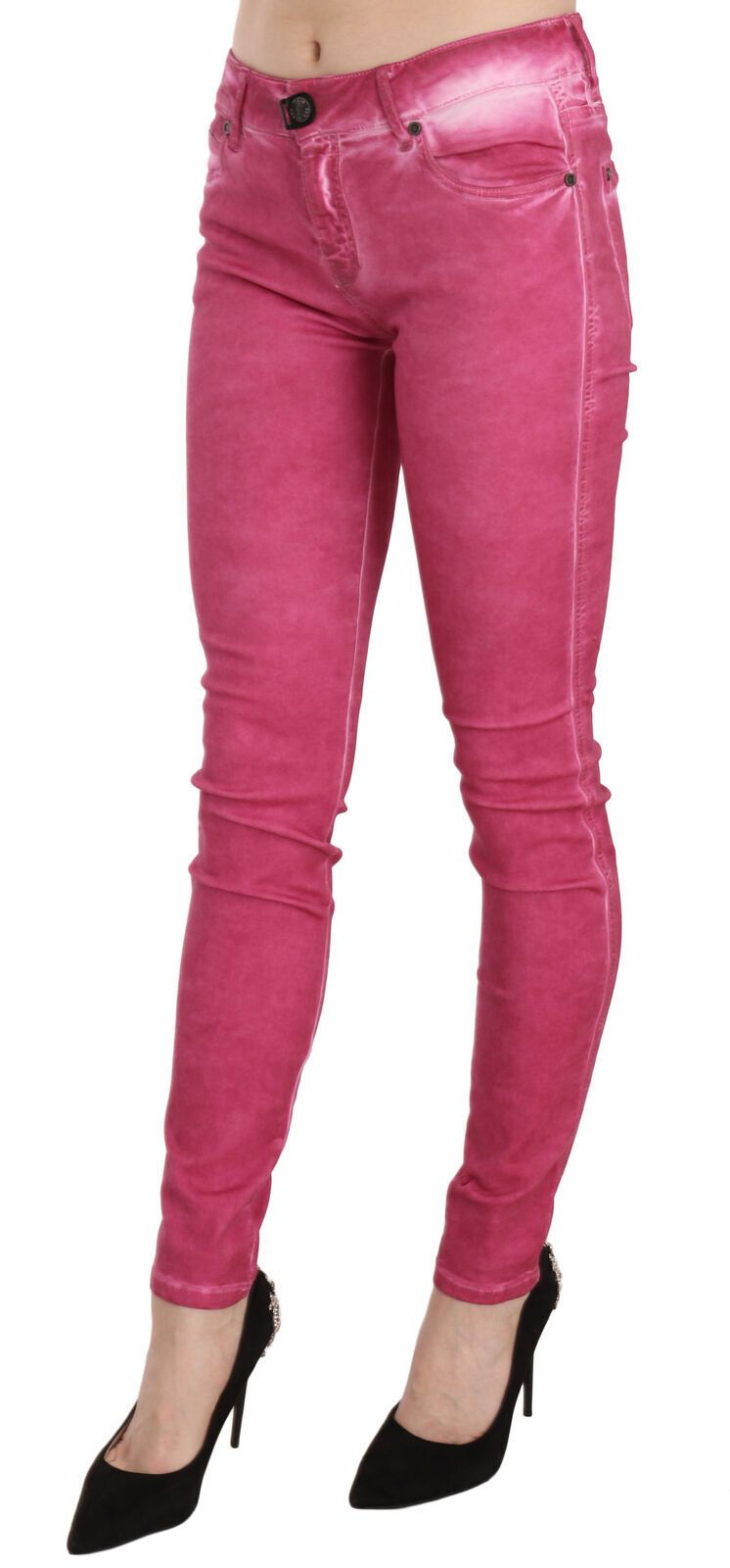 Pinke Samt-Mid-Waist-Röhrenhose