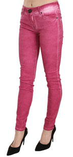 Pinke Samt-Mid-Waist-Röhrenhose