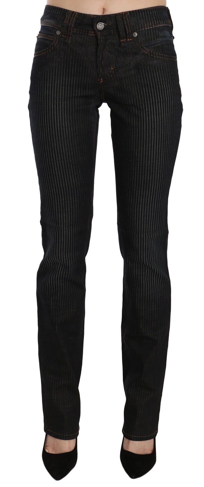 Schwarze Mid-Waist Slim Fit Cord Denim Freizeithose
