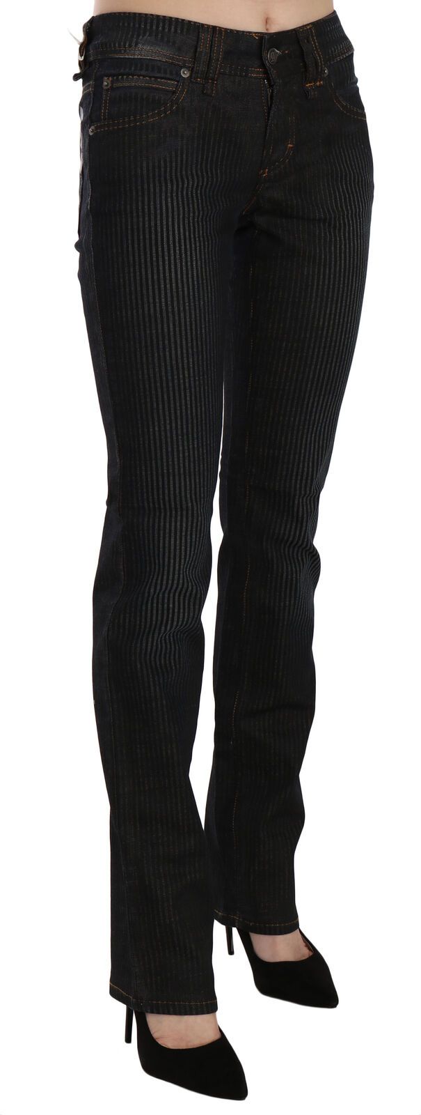 Schwarze Mid-Waist Slim Fit Cord Denim Freizeithose
