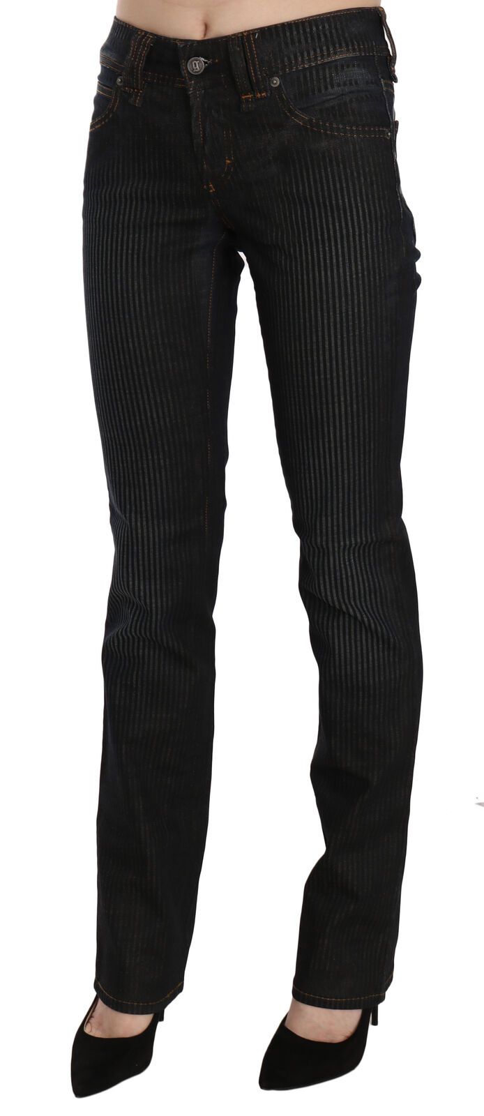 Schwarze Mid-Waist Slim Fit Cord Denim Freizeithose