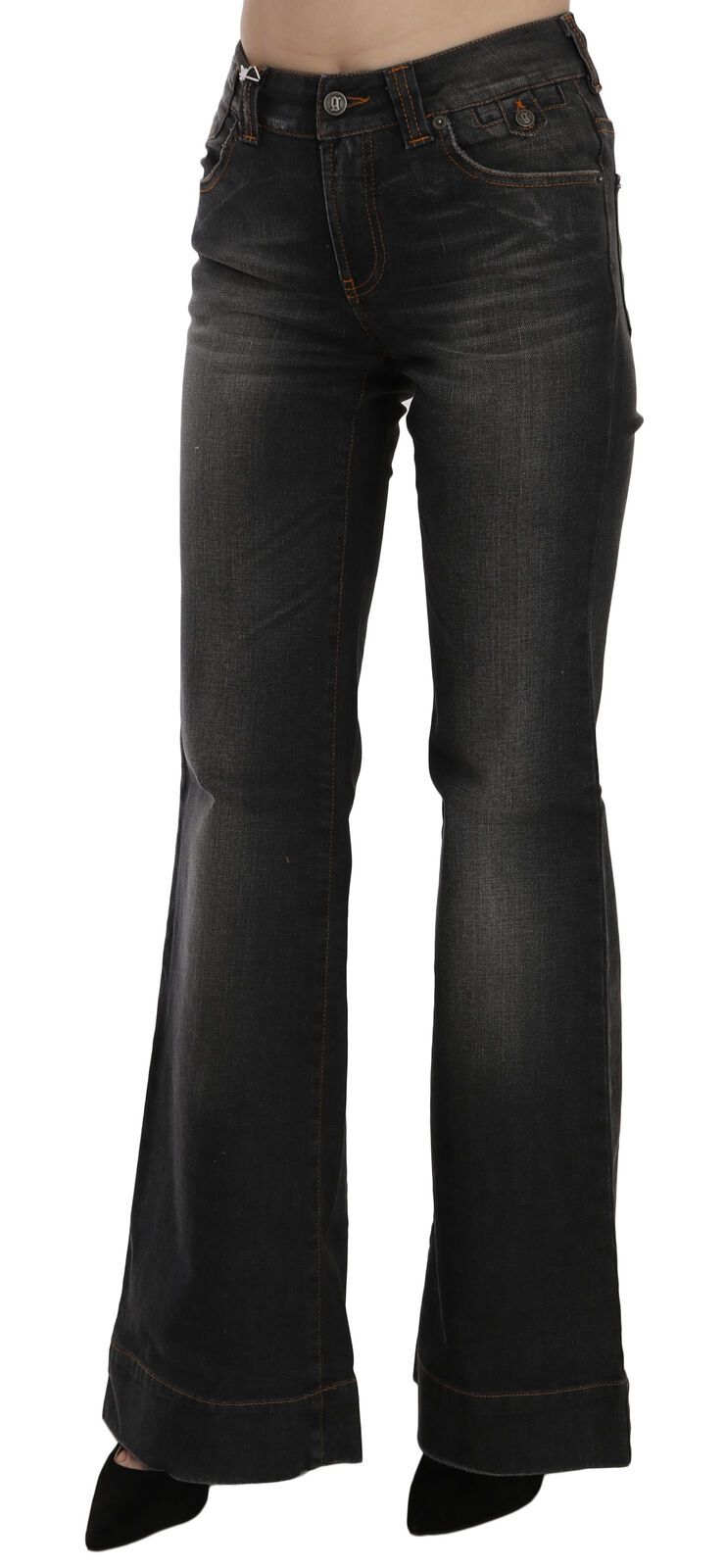 Schwarze Mid-Waist Flared Jeans im Used-Look