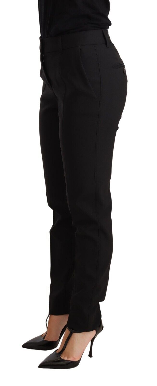 Schwarze Damen-Hose aus Schurwolle, schmal zulaufendes Bein