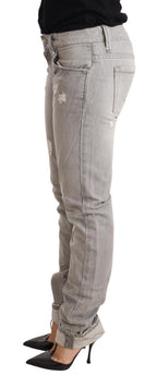 Gray Tattered Cotton Slim Fit Folded Hem Women Denim Jeans