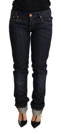 Dark Blue Cotton Slim Fit Folded Hem Women Denim Trouser Jeans