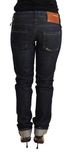 Dark Blue Cotton Slim Fit Folded Hem Women Denim Trouser Jeans
