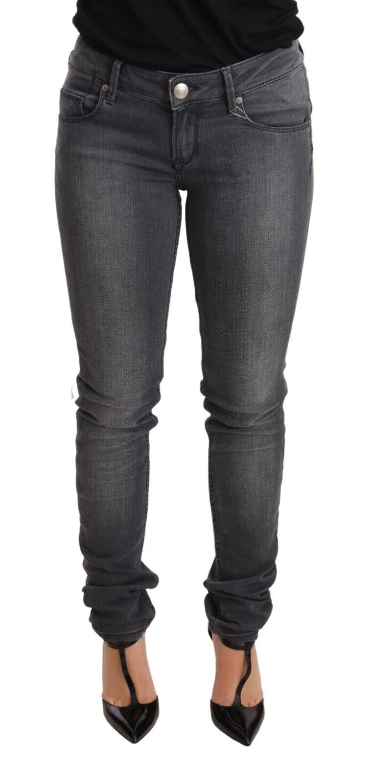 Graue gewaschene Baumwoll-Slim-Fit-Low-Waist-Damen-Denim-Hose