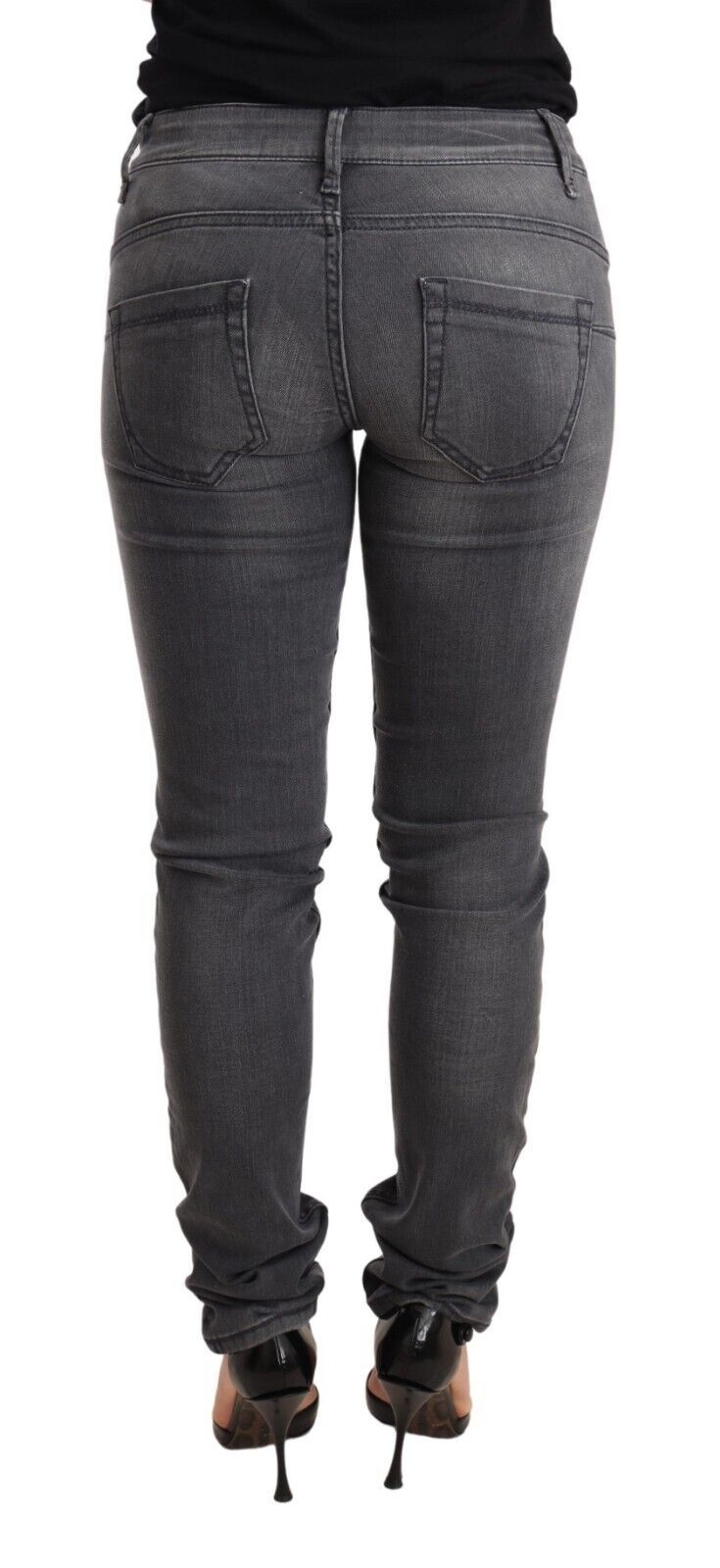 Graue gewaschene Baumwoll-Slim-Fit-Low-Waist-Damen-Denim-Hose