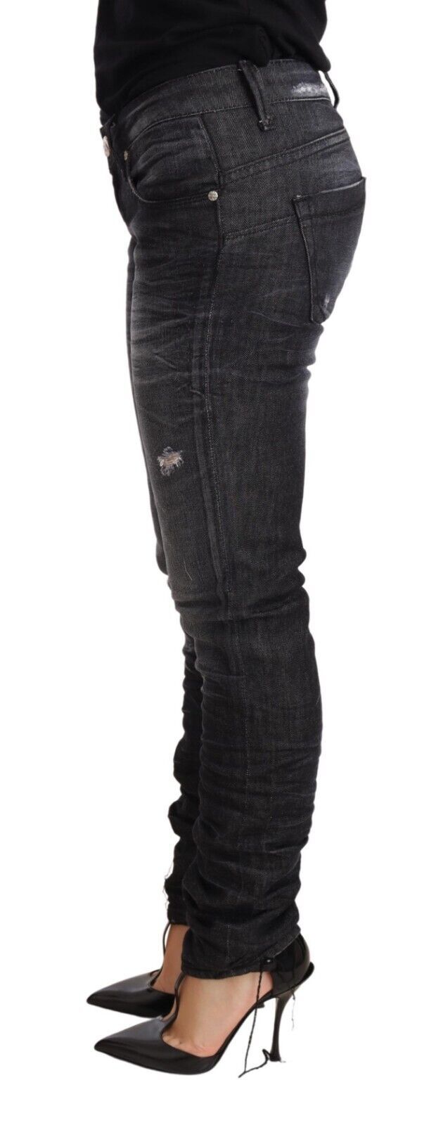 Schwarze washed Baumwoll-Low-Waist-Skinny-Jeans