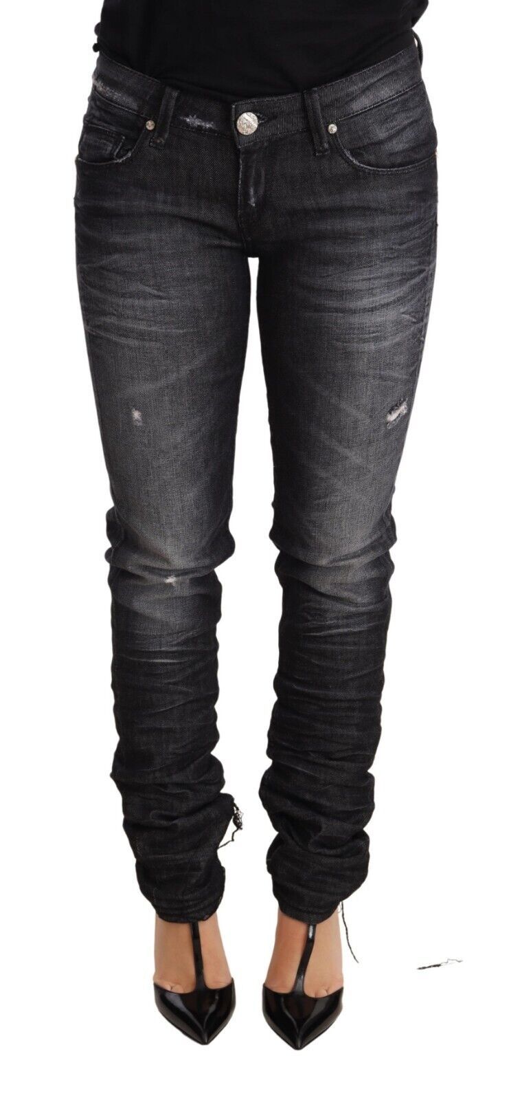 Schwarze washed Baumwoll-Low-Waist-Skinny-Jeans