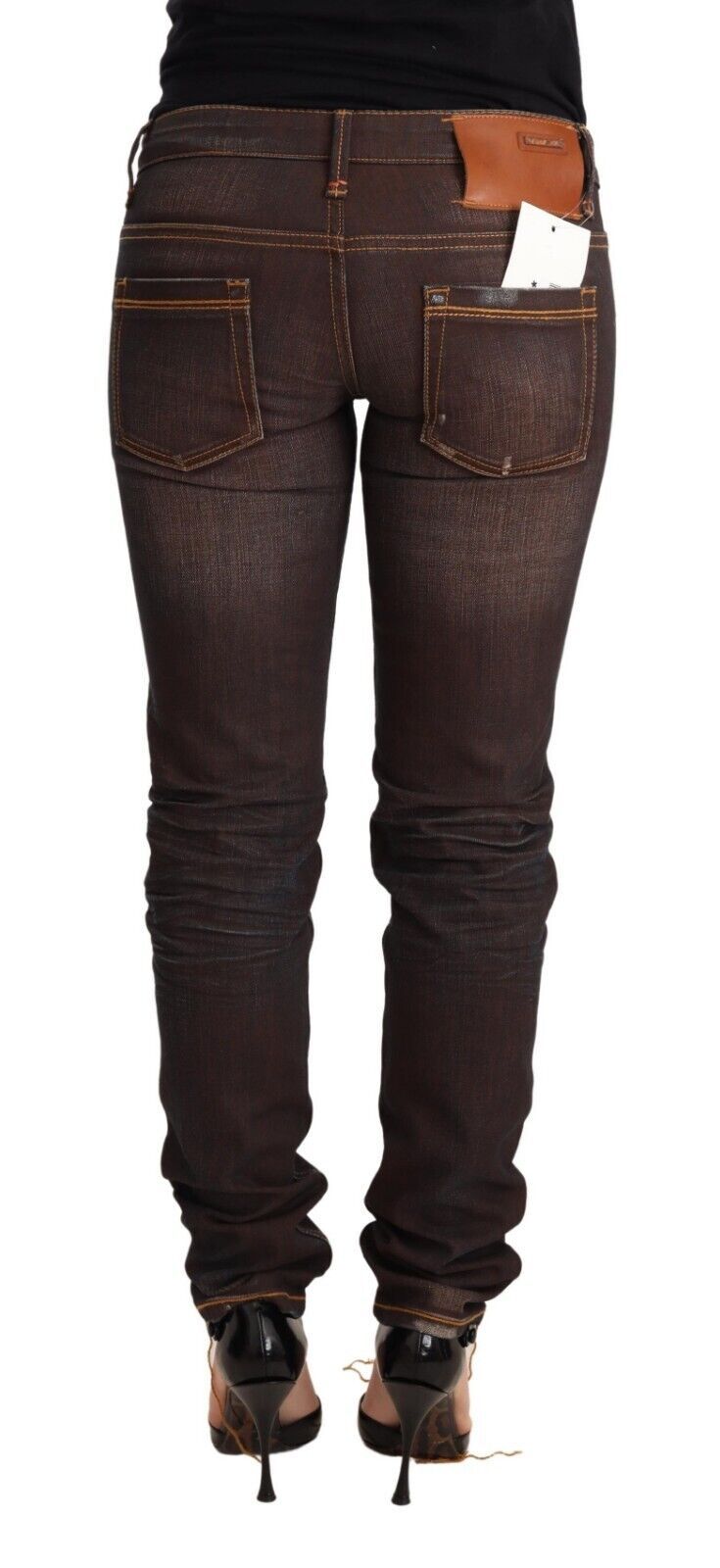 Braune Washed Baumwolle Slim Fit Denim Low Waist Hose Jeans