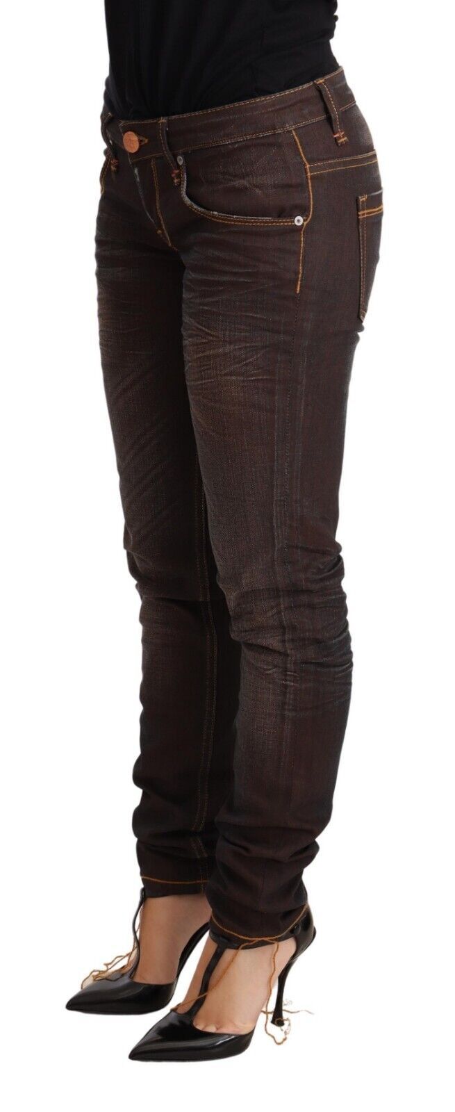 Braune Washed Baumwolle Slim Fit Denim Low Waist Hose Jeans