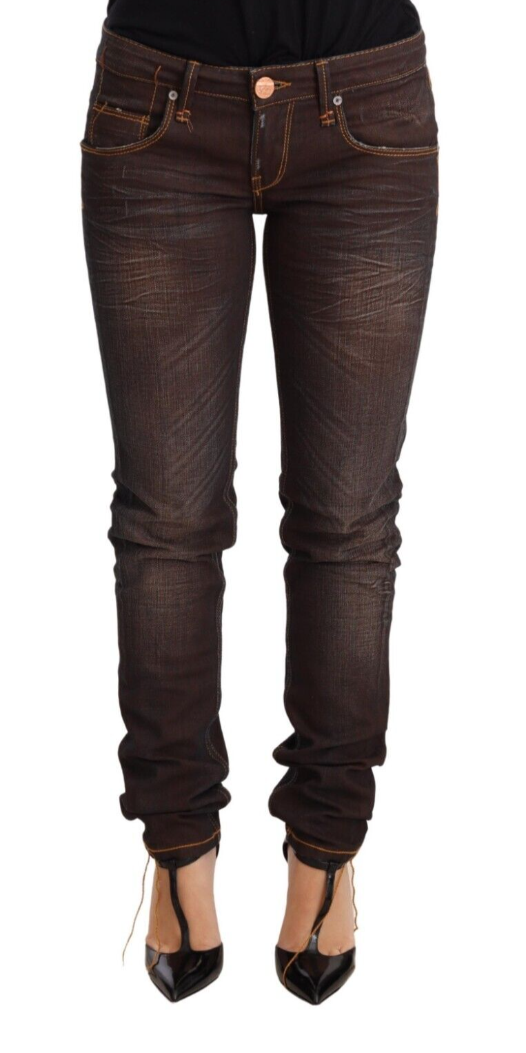 Braune Washed Baumwolle Slim Fit Denim Low Waist Hose Jeans