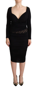 Black Long Sleeves Sweetheart Neck Midi Dress
