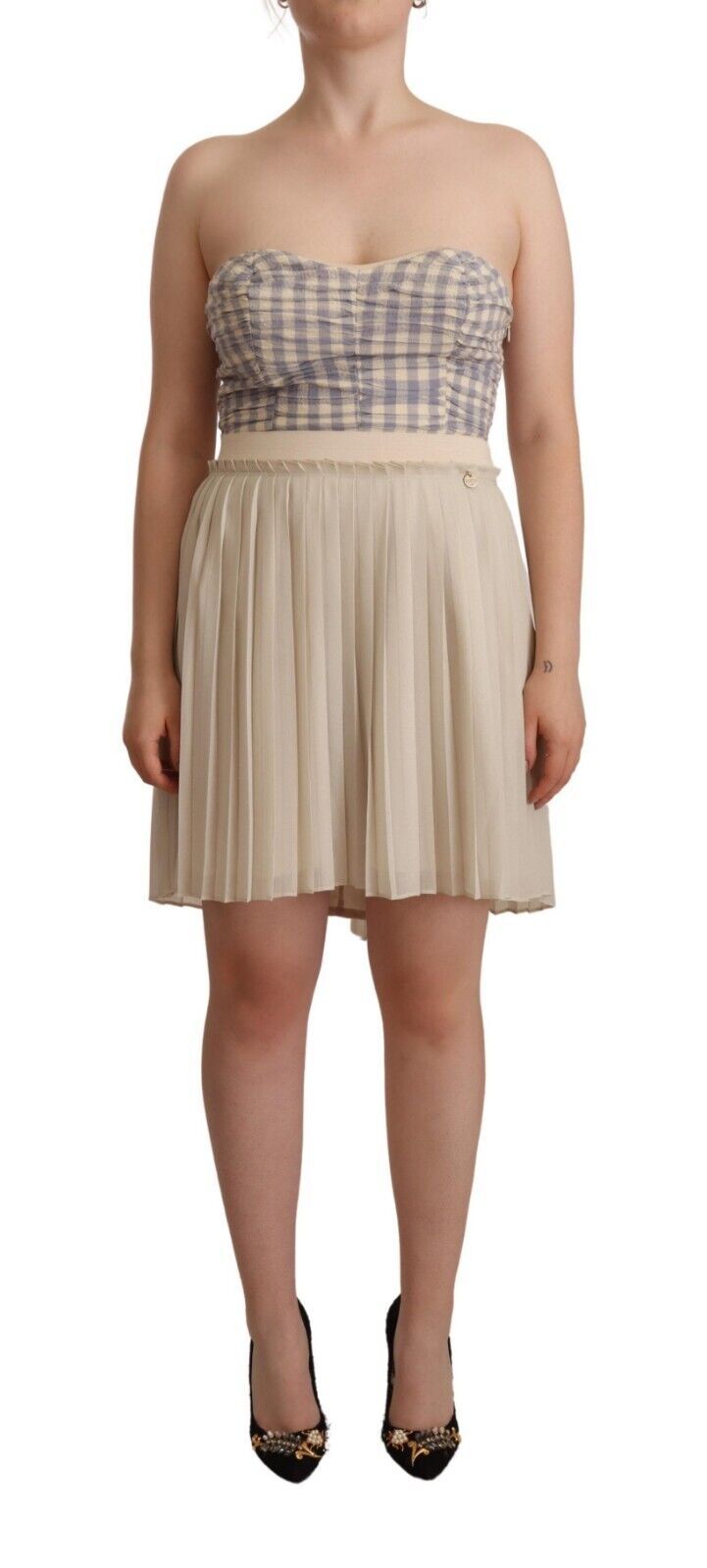 Beiges kariertes, plissiertes trägerloses A-Linien-Bustierkleid