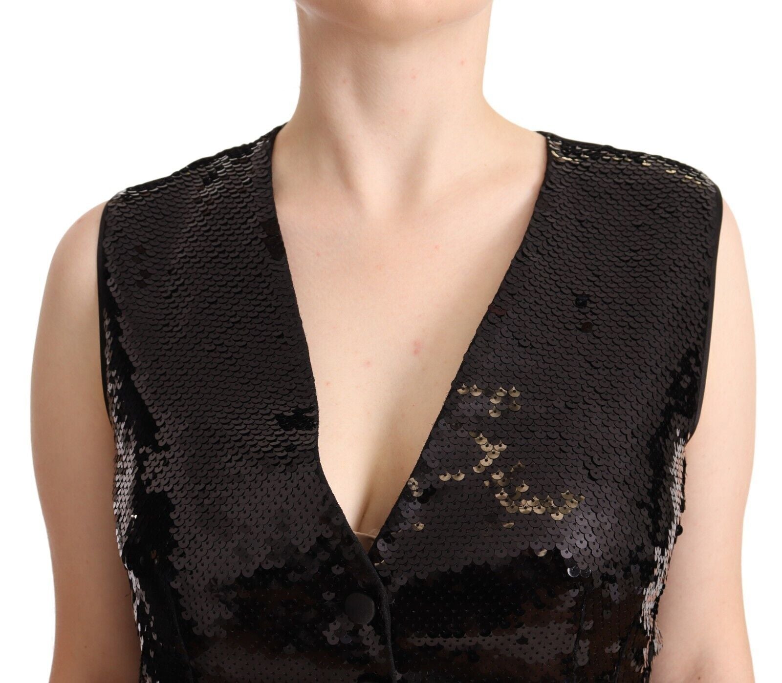 Schwarzes Pailletten-V-Ausschnitt ärmelloses Westen-Tanktop
