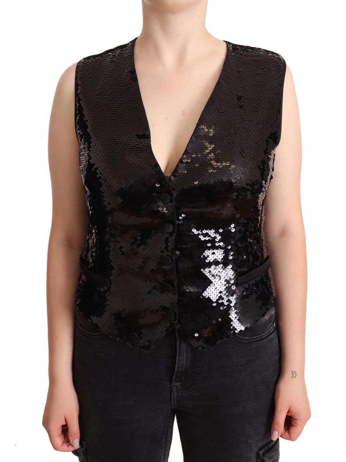 Schwarzes Pailletten-V-Ausschnitt ärmelloses Westen-Tanktop
