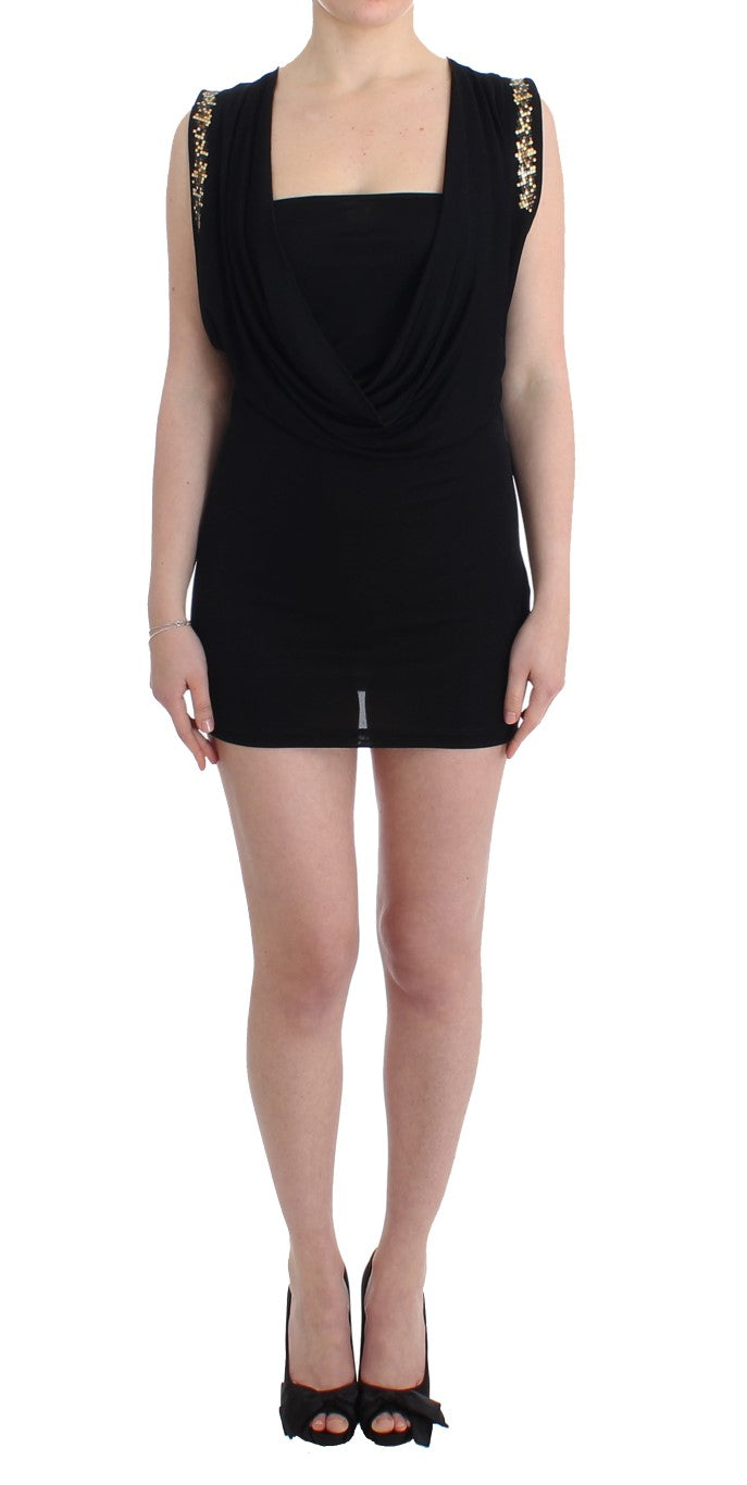 Schwarzes, verziertes Mini-Scheath-Kleid aus Jersey mit kurzen Ärmeln