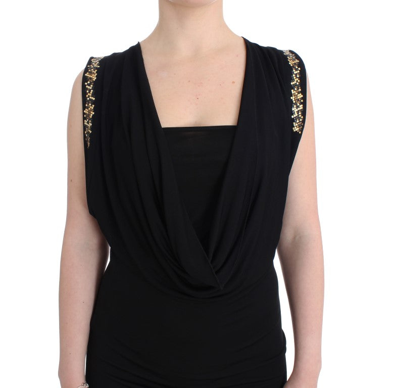 Schwarzes, verziertes Mini-Scheath-Kleid aus Jersey mit kurzen Ärmeln