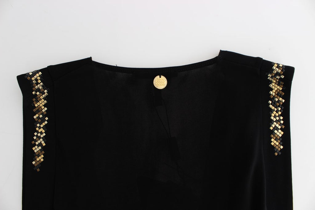 Schwarzes, verziertes Mini-Scheath-Kleid aus Jersey mit kurzen Ärmeln