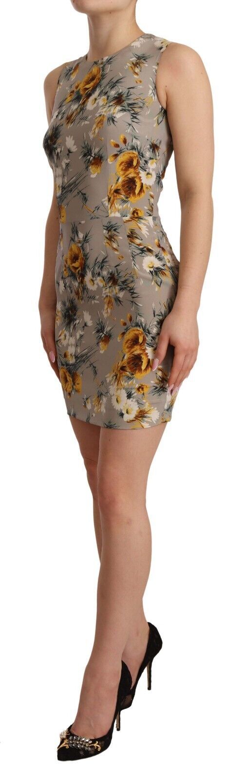 Graues Mini-Kleid aus Seidenstretch mit Blumenmuster