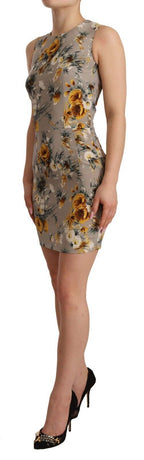 Graues Mini-Kleid aus Seidenstretch mit Blumenmuster