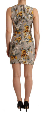 Graues Mini-Kleid aus Seidenstretch mit Blumenmuster