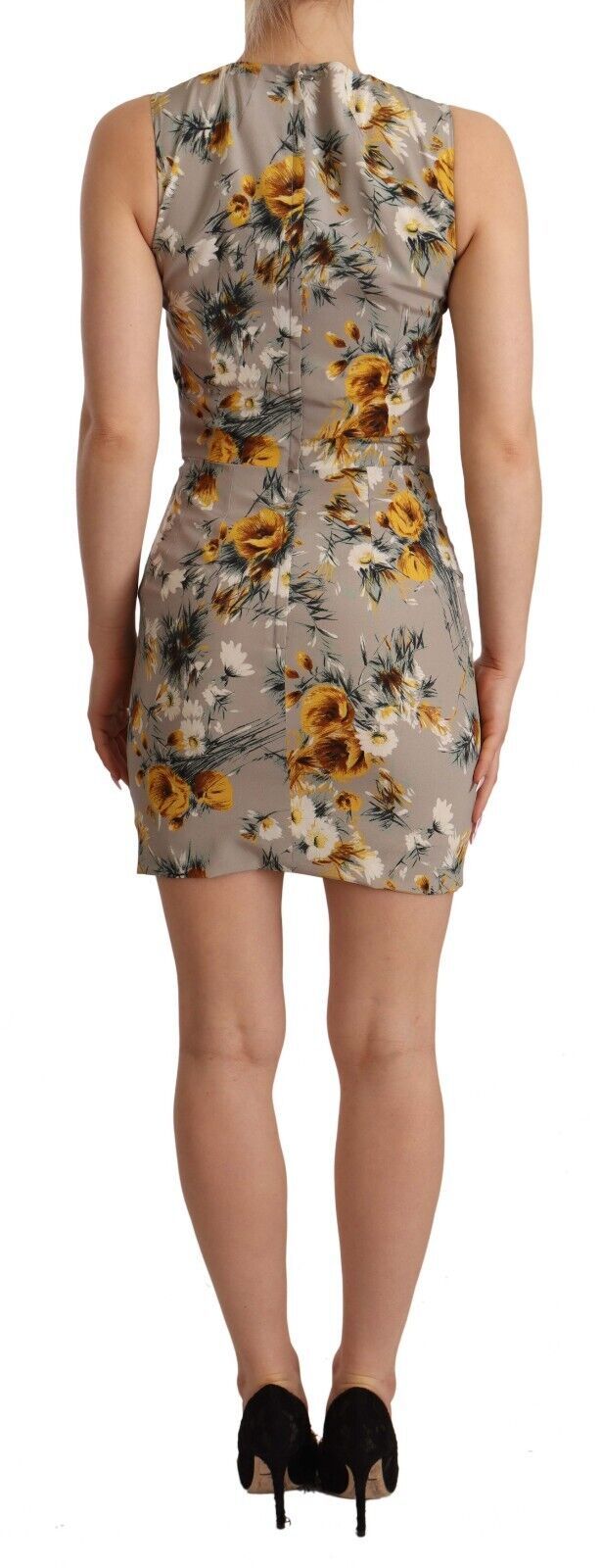 Graues Mini-Kleid aus Seidenstretch mit Blumenmuster