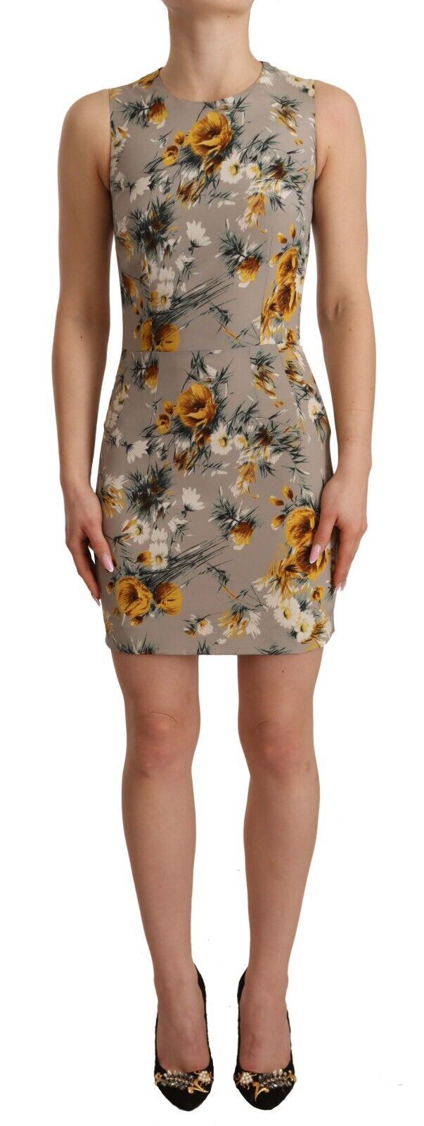 Graues Mini-Kleid aus Seidenstretch mit Blumenmuster